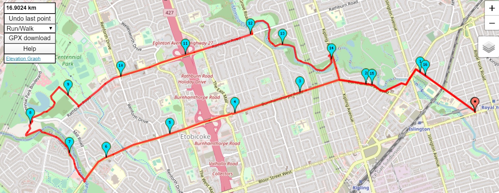Etobicoke Creek Trail 16.9 km route map